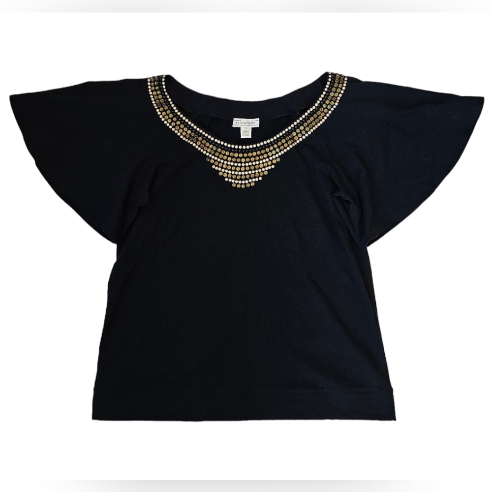 St John Top Gold Metallic Beading Pullover Sweater Knit Womens Evening